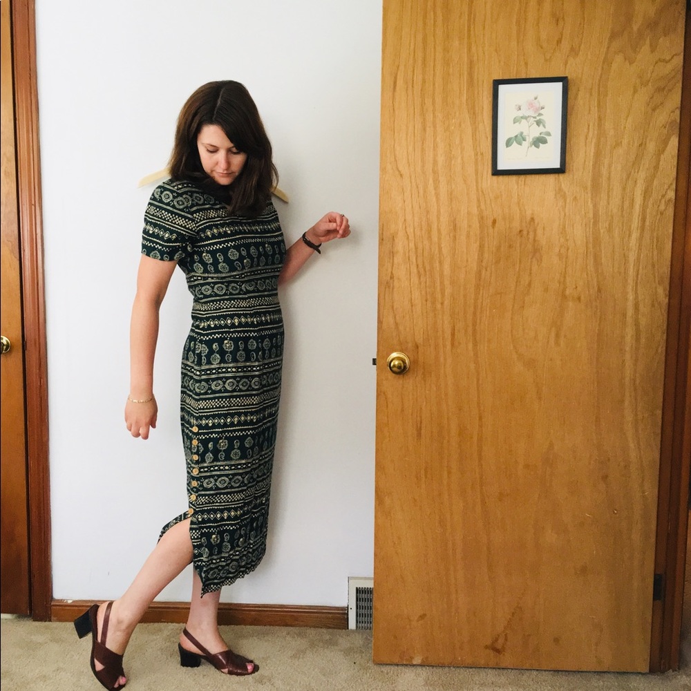 Vintage Boho Print Side Button Dress